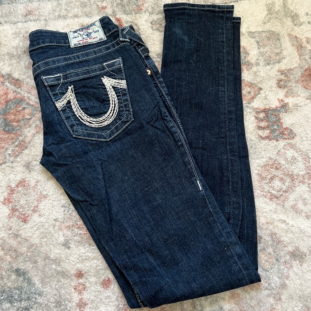 Size 27, Like New, True Religion Skinny Jeans, Dark Rinse